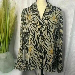 Coldwater Creek Women’s Large 100% Silk Long Sleeve Ruffled Animal Print